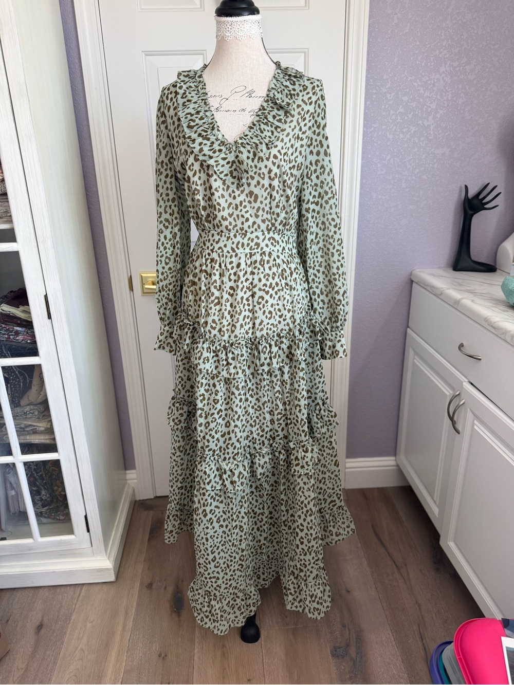 Ruffled V-Neck Tiered Maxi Dress - Sage Leopard